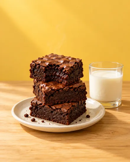 Three stacked fudgy brownies next to a glass of milk