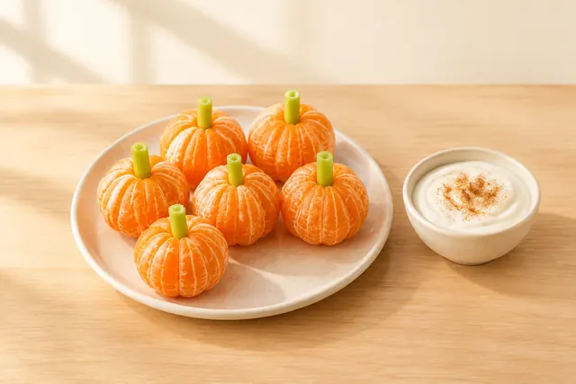 Clementine pumpkins with celery stems and a bowl of cinnamon yogurt dip
