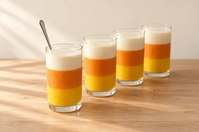 Tall glasses of candy-corn striped parfaits, yellow, orange and white