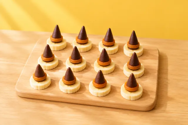 Banana slices topped with little cocoa-date witch's hats