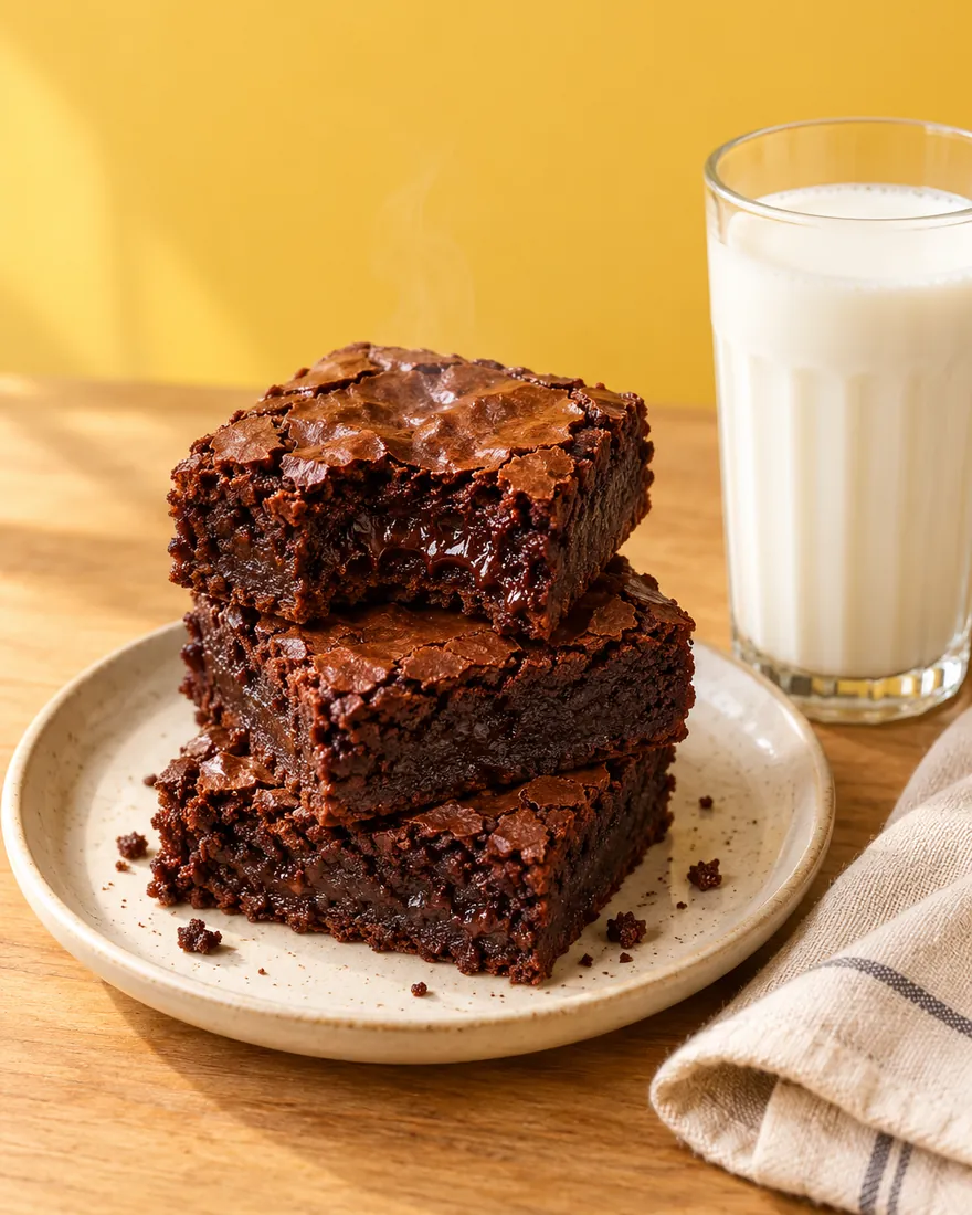 Three stacked fudgy brownies, the top one with a bite taken out, next to a glass of milk